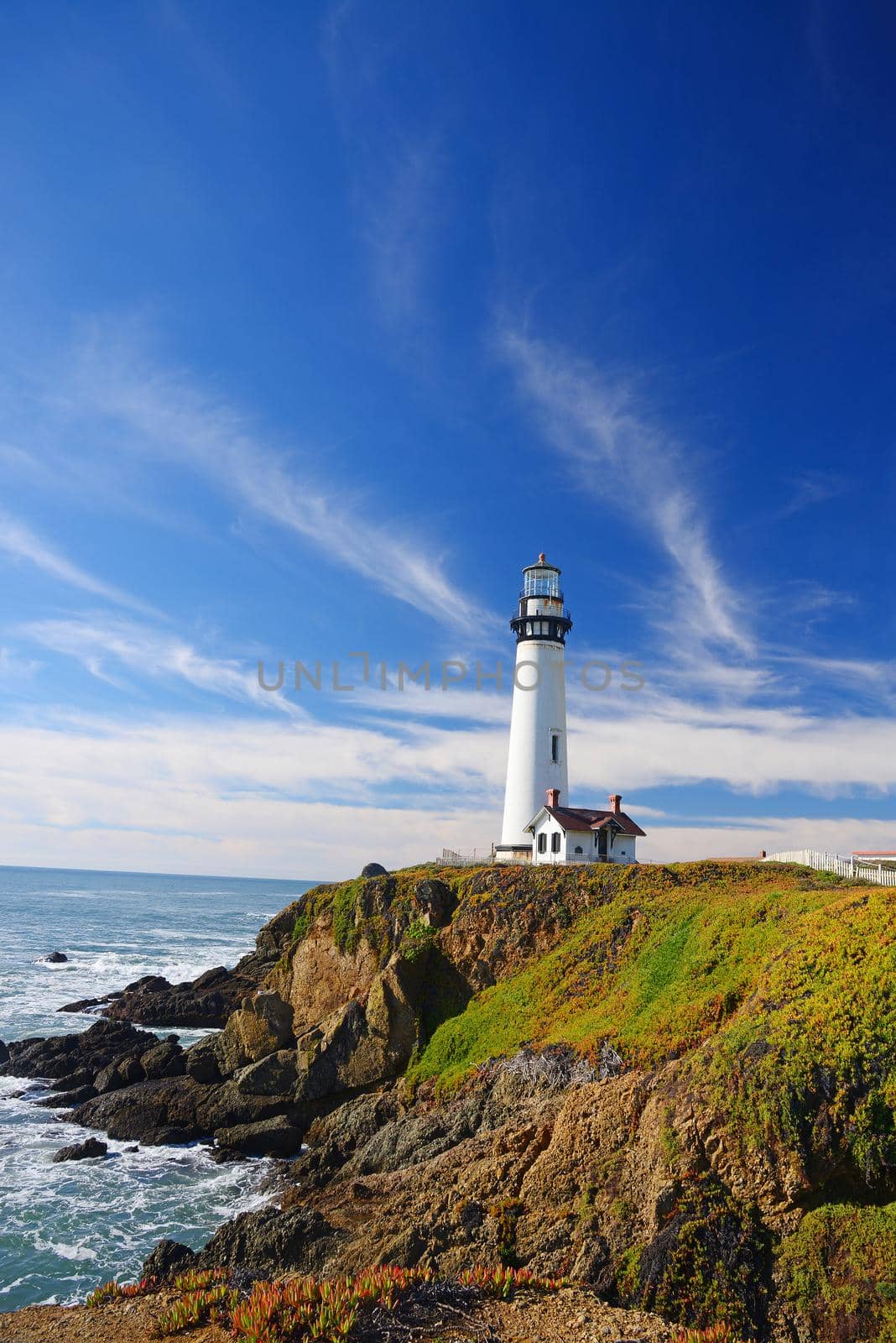 white pigeon point lighthouse with a blue sky in a sunny day