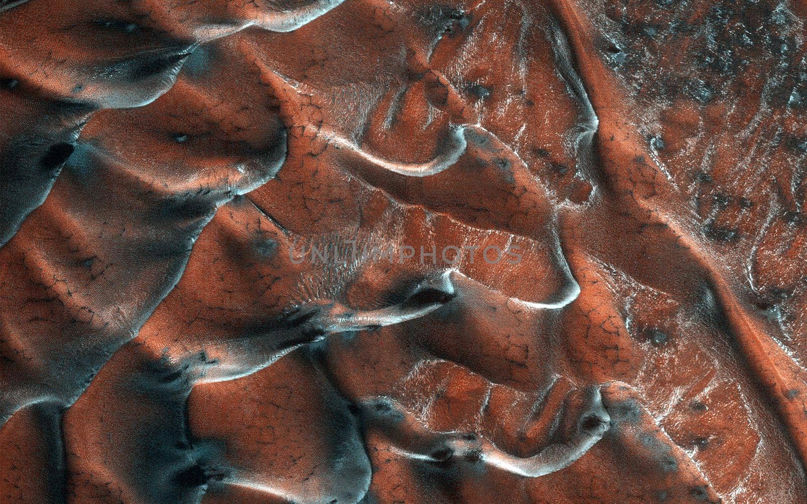 Frosty Sand Dunes of Mars. Fantastic martian landscape in rusty orange shades, Mars surface, Desert, Cliffs, sand. Alien landscape. Red planet mars. Elements of image furnished by NASA.