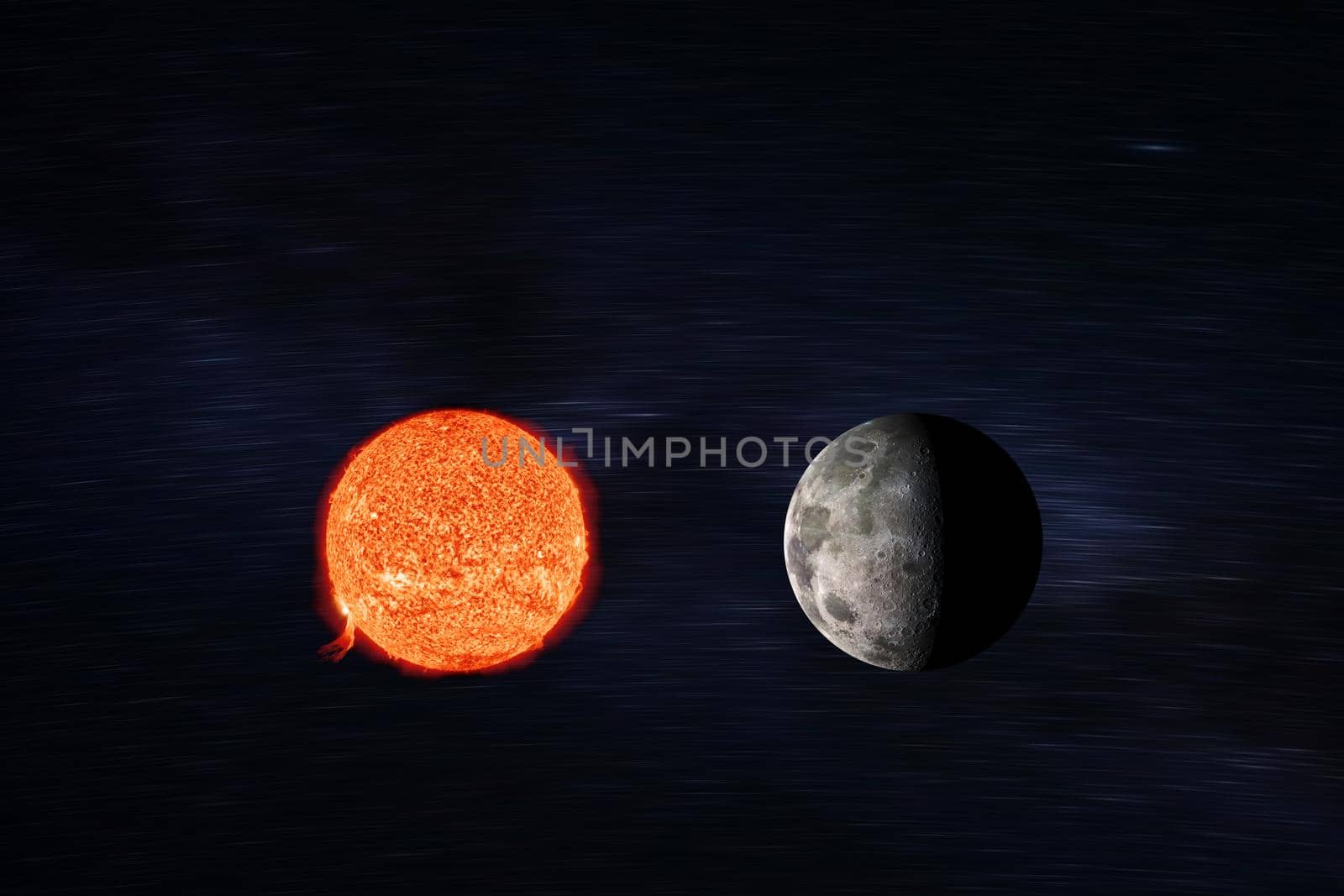 sun and moon in space against the background of the star sky. Astronomy and science concept. Elements of image furnished by NASA.