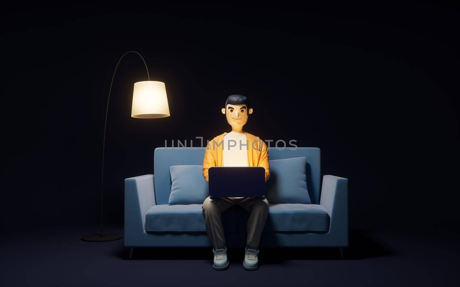 A cartoon man working in sofa, 3d rendering. Computer digital drawing.