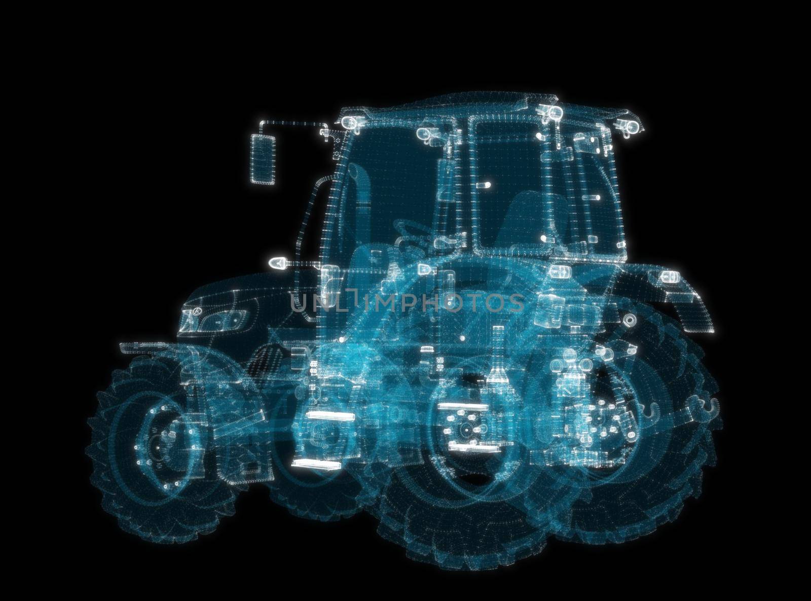 Farm Tractor consisting of glow points and lines. 3d illustration by cherezoff