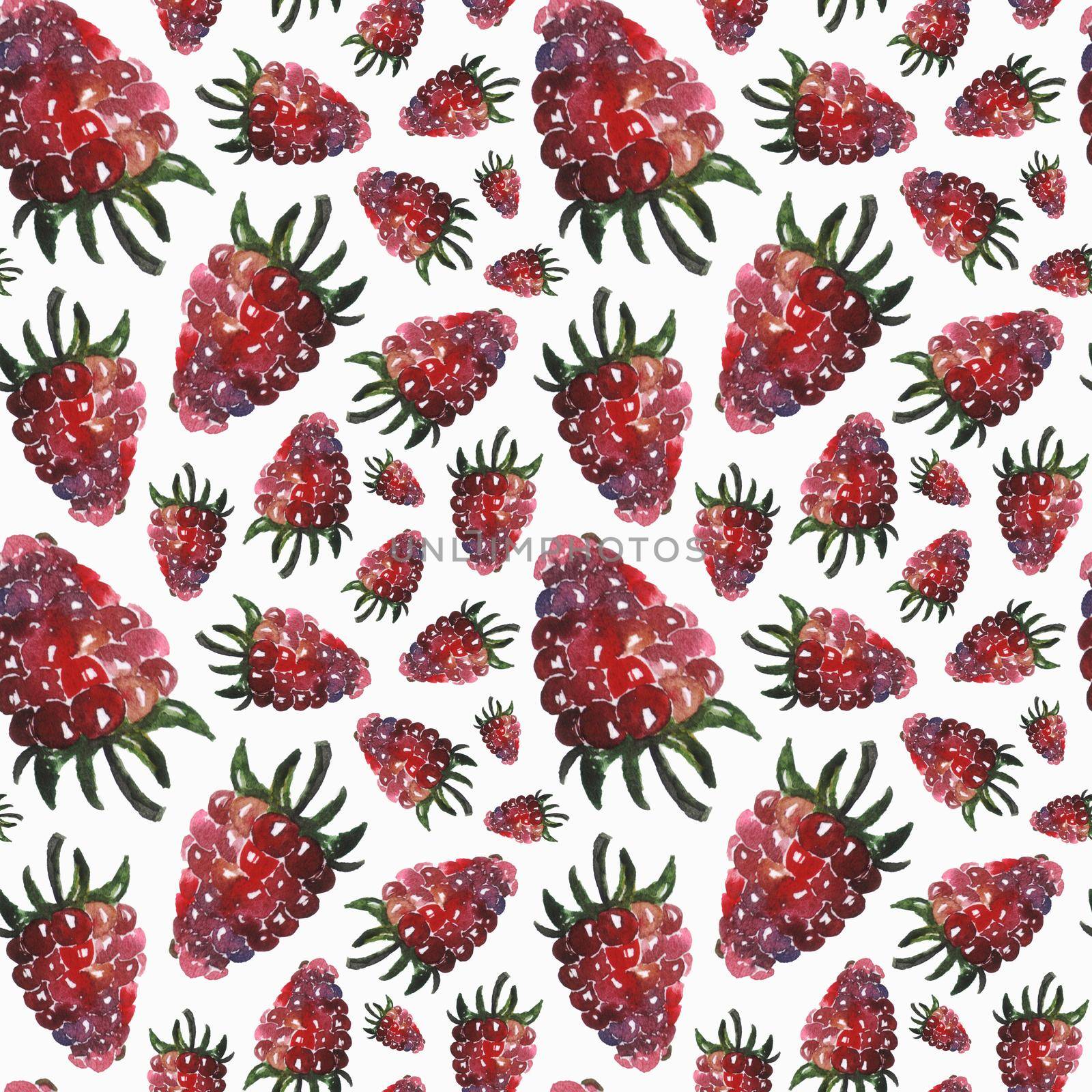 Hand drawn garden berries. Seamless pattern with raspberries. by Rodnova