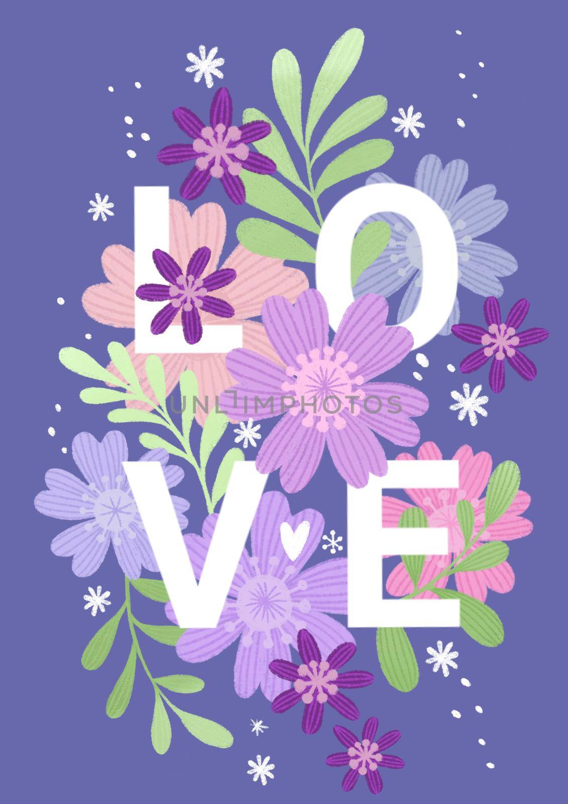 Poster A4 trendy floral design with the inscription LOVE in very peri lavender color. Perfect greeting card or invitation.