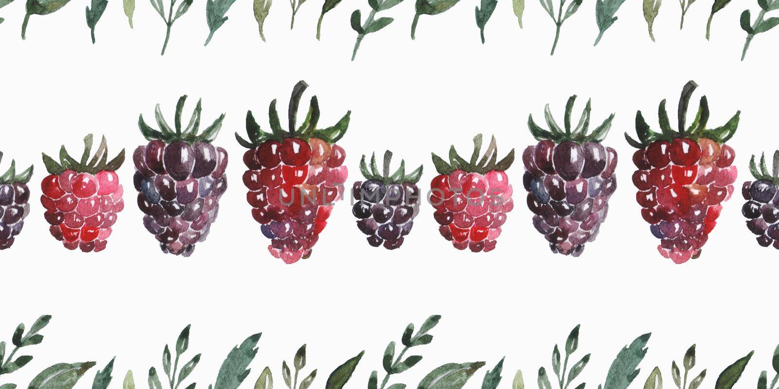 Seamless banner with watercolor berries. Raspberry and blackberry. Green twigs and leaves. The illustration is ideal for printing on textiles, paper, kitchen utensils, dishes and more.