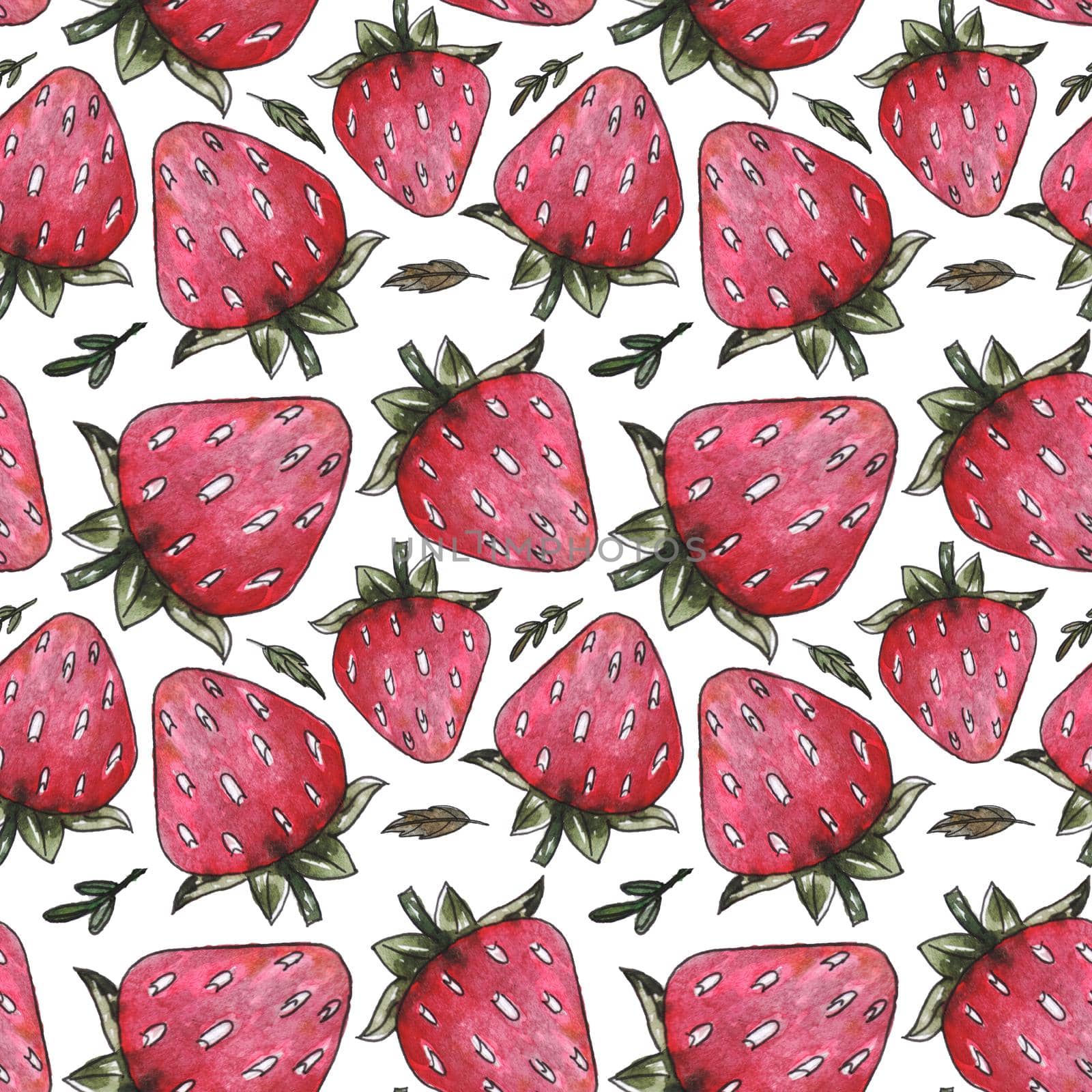 Seamless pattern with watercolor berries. Juicy watercolor red strawberries. The illustration is well suited for printing on fabric, wrapping paper, kitchen utensils, tablecloths and more.