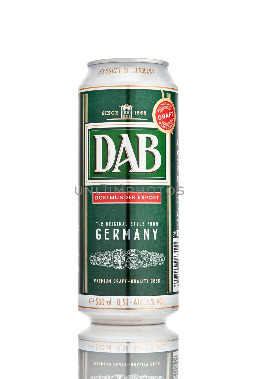 German beer DAB Dortmunder Export in can on white background. Premium draft - quality beer since 1868. 21.06.2019, Rostov-on-Don, Russia.