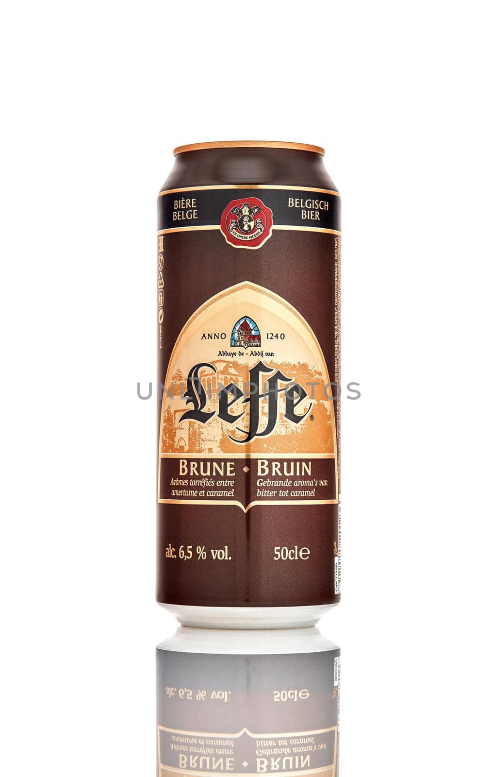 Aluminium can of Leffe Brune beer on white background. Leffe is a beer brand owned by InBev Belgium marketed as Abbey beer. 21.06.2019, Rostov-on-Don, Russia.