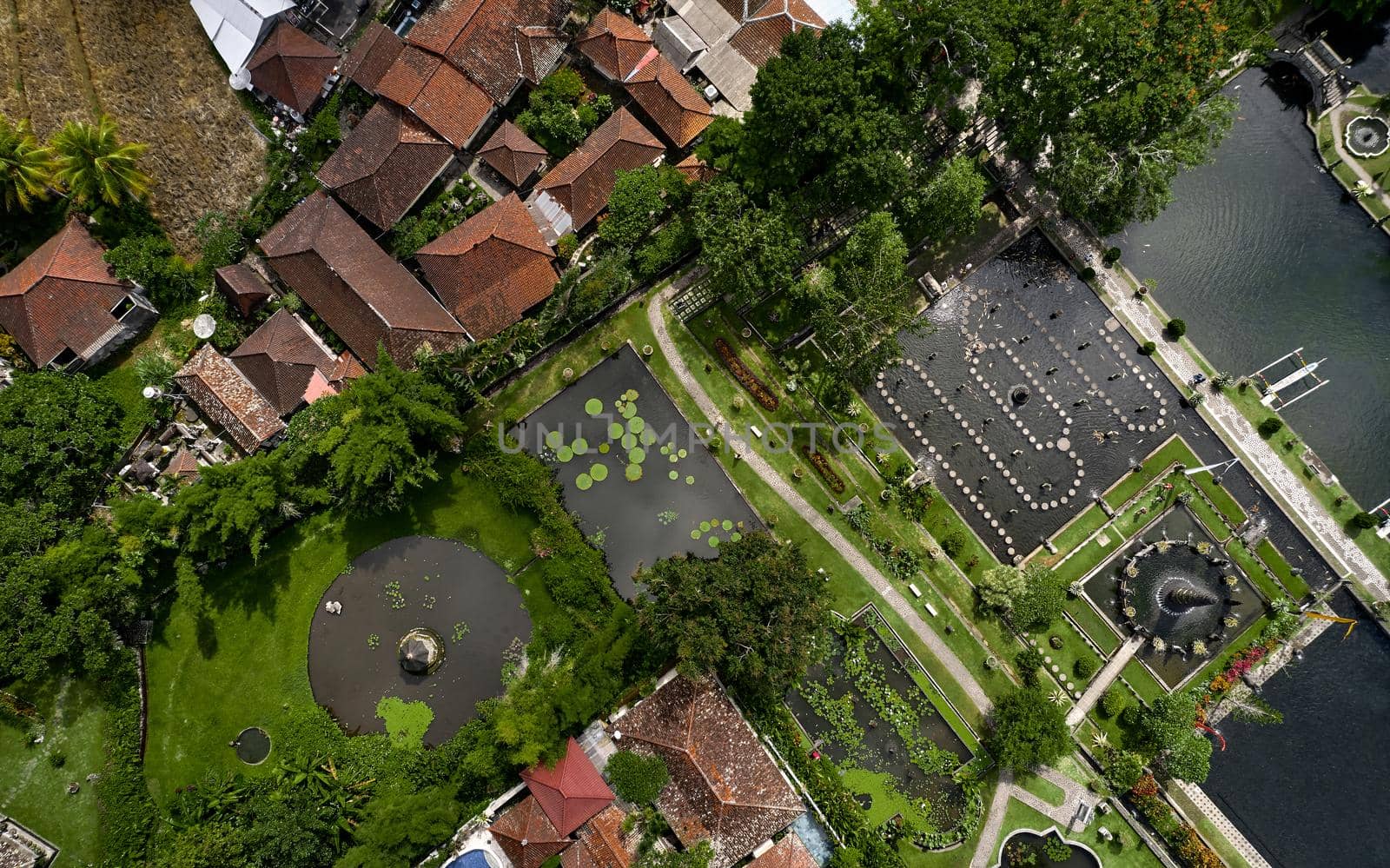 Beautiful aerial view of Tirta Gangga Royal Water Palace in East Bali, Karangasem, Indonesia.