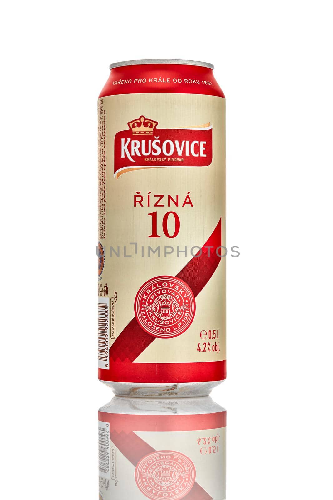Can of Krusovice Rizna 10 Czech beer white background. Delcious beer from Czechia. 21.06.2019, Rostov-on-Don, Russia.