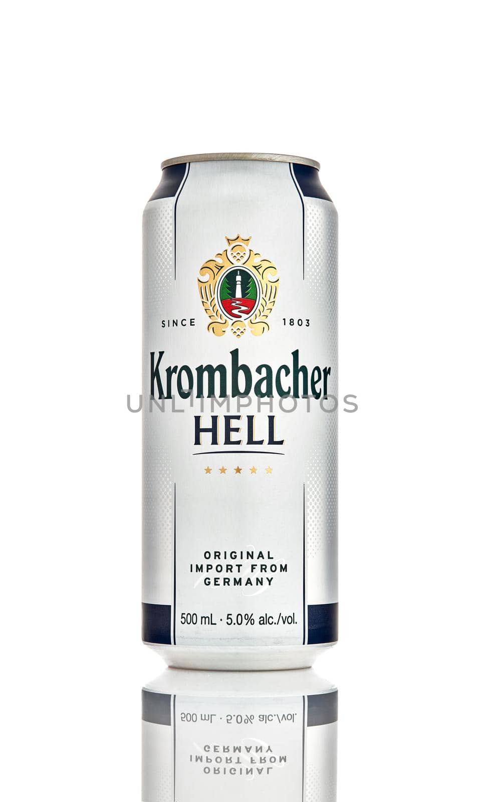 Krombacher hell on white background. Krombacher brewery was founded in 1803 in Germany. 21.06.2019, Rostov-on-Don, Russia.