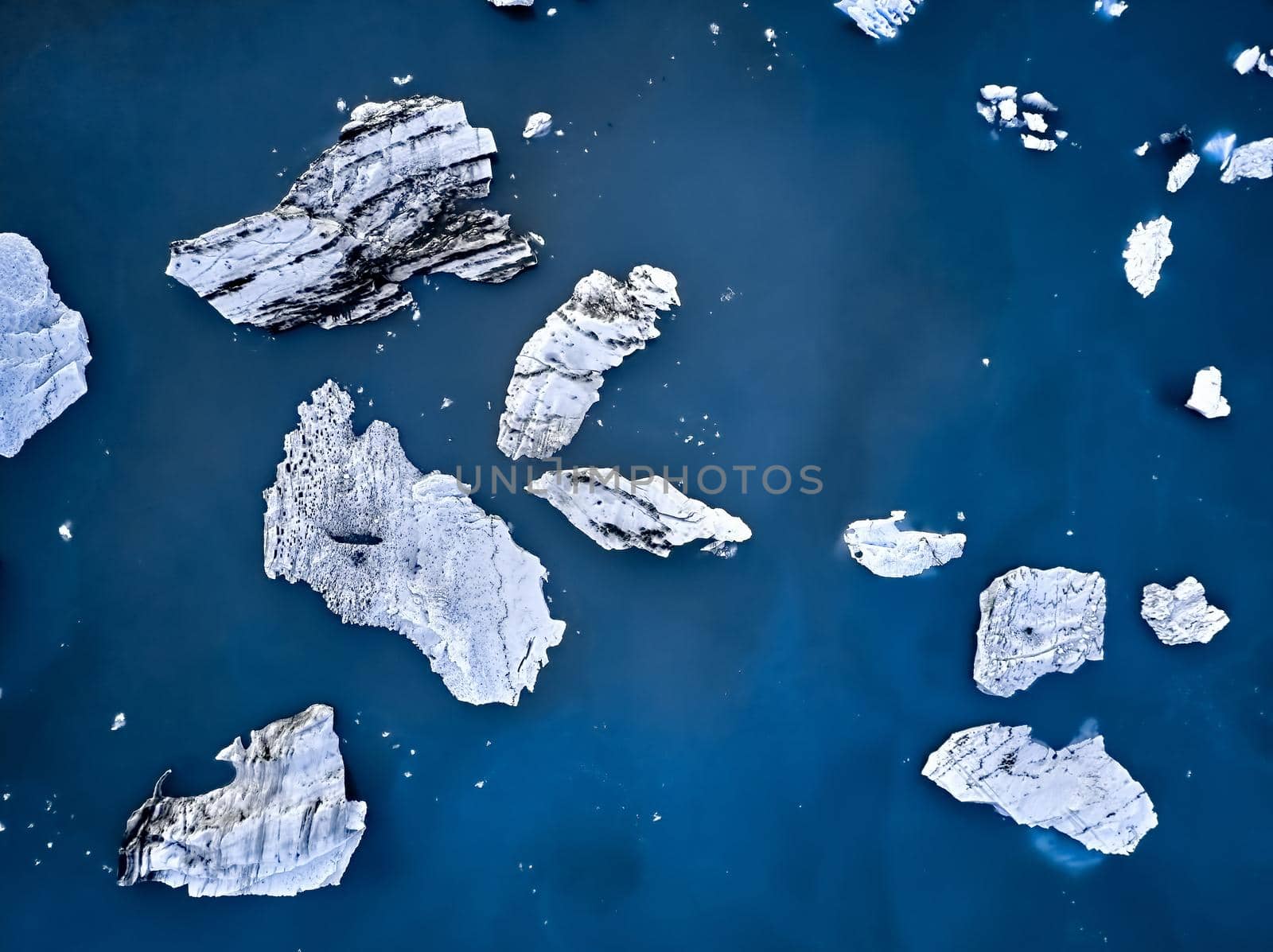 Aerial view of Glacier lagoon in Iceland. icebergs top view
