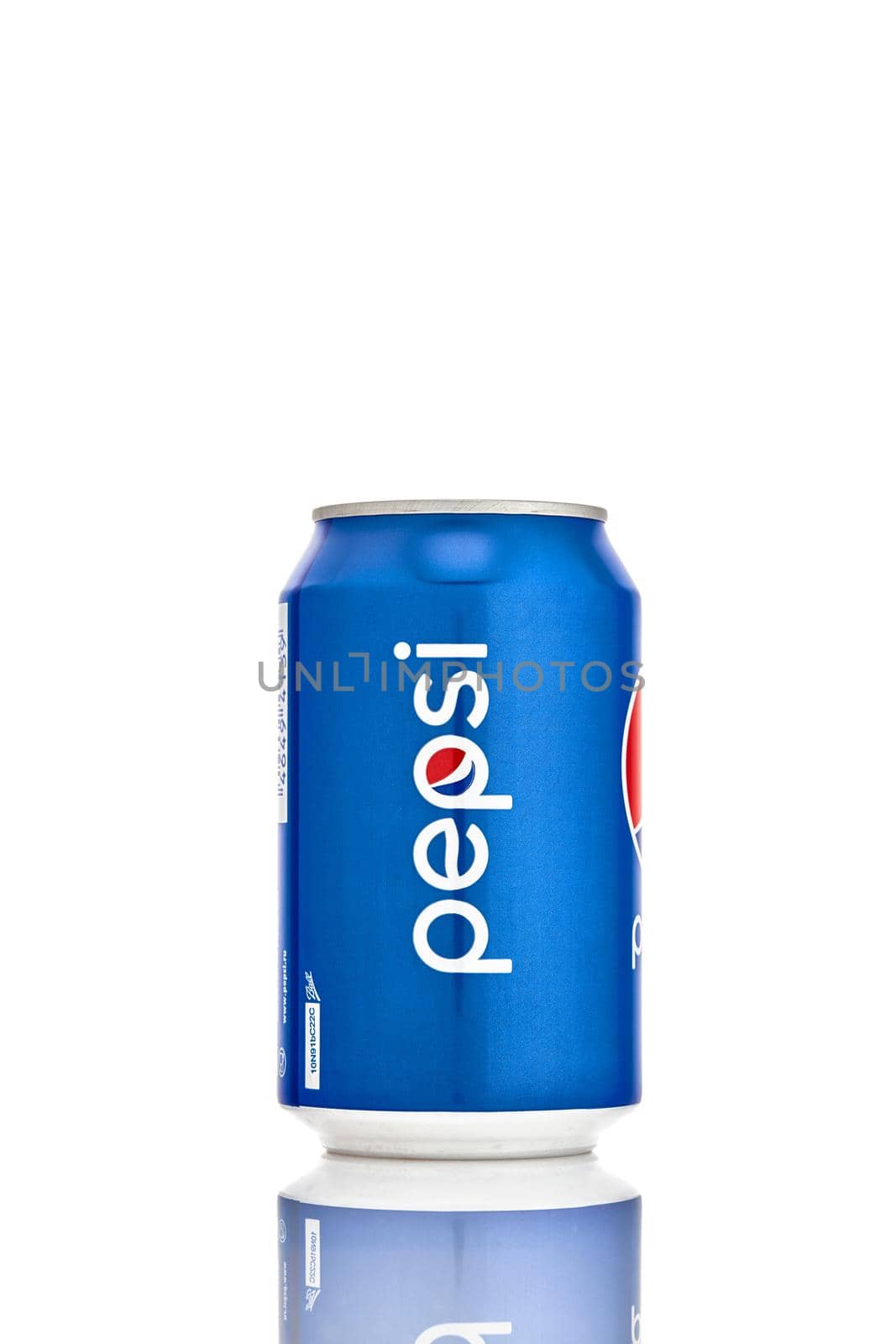 Can of Pepsi, isolate on white background with reflection. Popular soft drink. 21.06.2019, Rostov-on-Don, Russia.