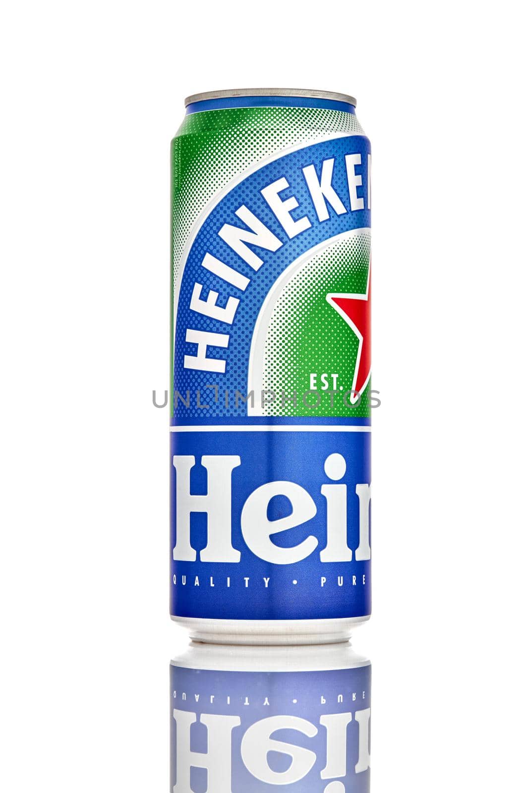 Can of Heineken 0.0 Alcohol Free Beer isolated on white background, produced by the Dutch brewing company Heineken International. 21.06.2019, Rostov-on-Don, Russia.