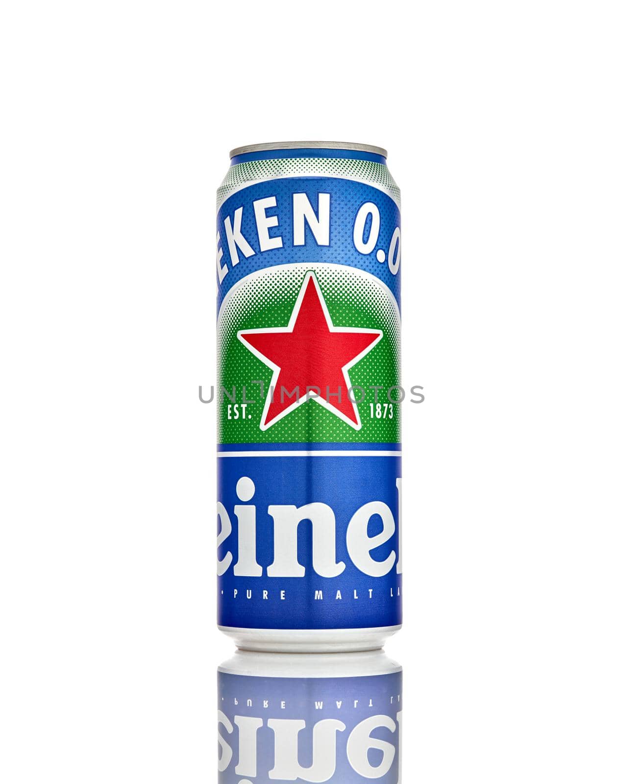 Can of Heineken 0.0 Alcohol Free Beer isolated on white background, produced by the Dutch brewing company Heineken International. 21.06.2019, Rostov-on-Don, Russia. by EvgeniyQW