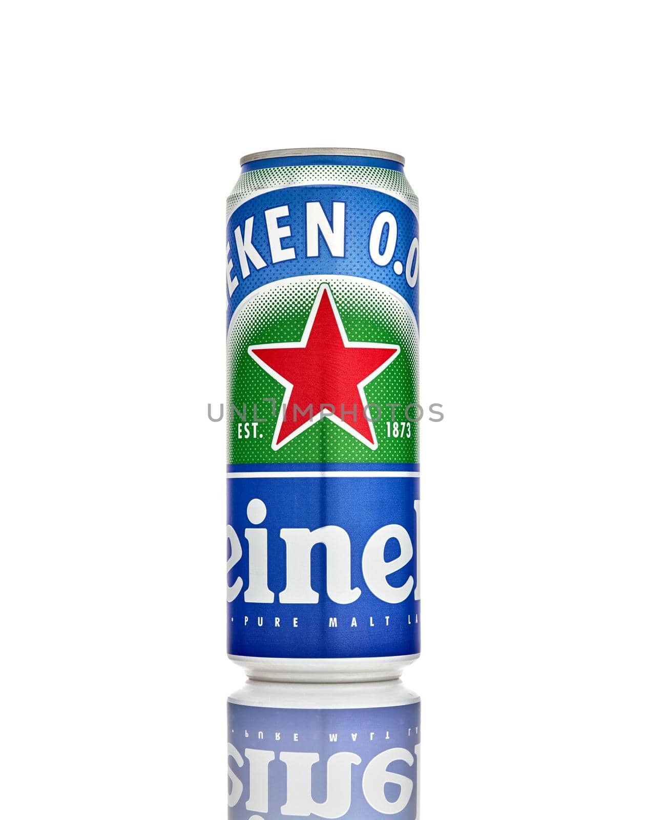 Can of Heineken 0.0 Alcohol Free Beer isolated on white background, produced by the Dutch brewing company Heineken International. 21.06.2019, Rostov-on-Don, Russia.