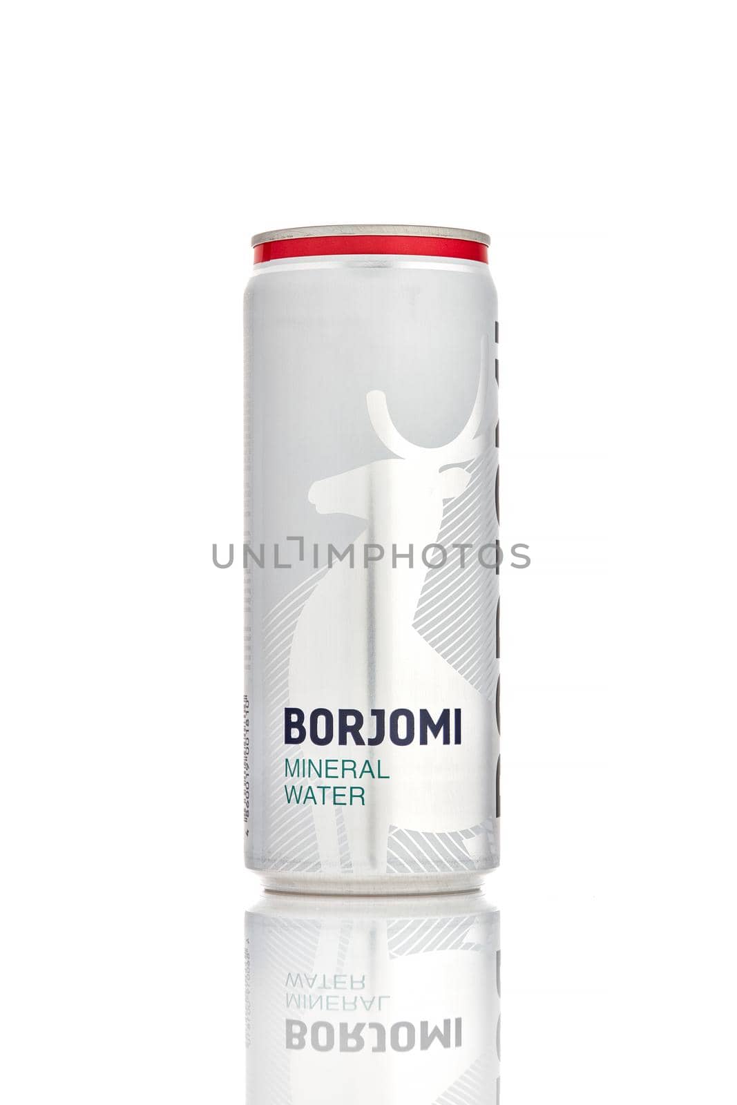 Aluminium can of Borjomi sparkling mineral water on white background.BORJOMI is born in Georgia. 21.06.2019, Rostov-on-Don, Russia.