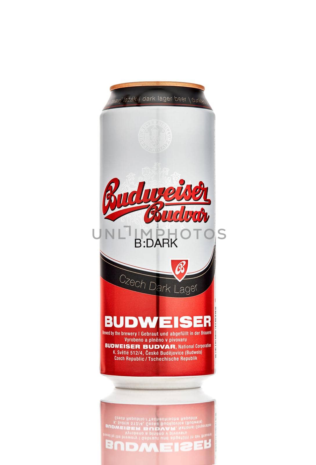 Can of Budweiser dark beer. Popular Czech beer in can on white background. 21.06.2019, Rostov-on-Don, Russia.