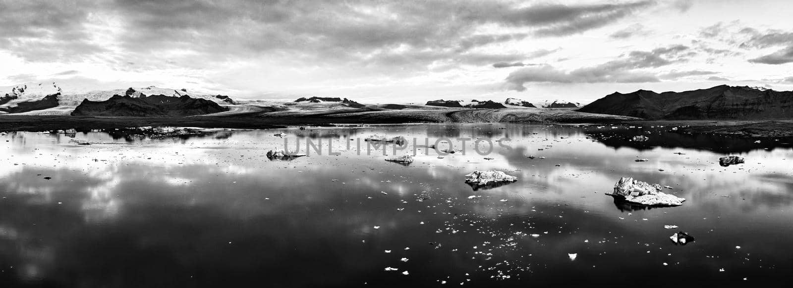 Panoramic aerial view of Glacier lagoon in Iceland during the sunrise