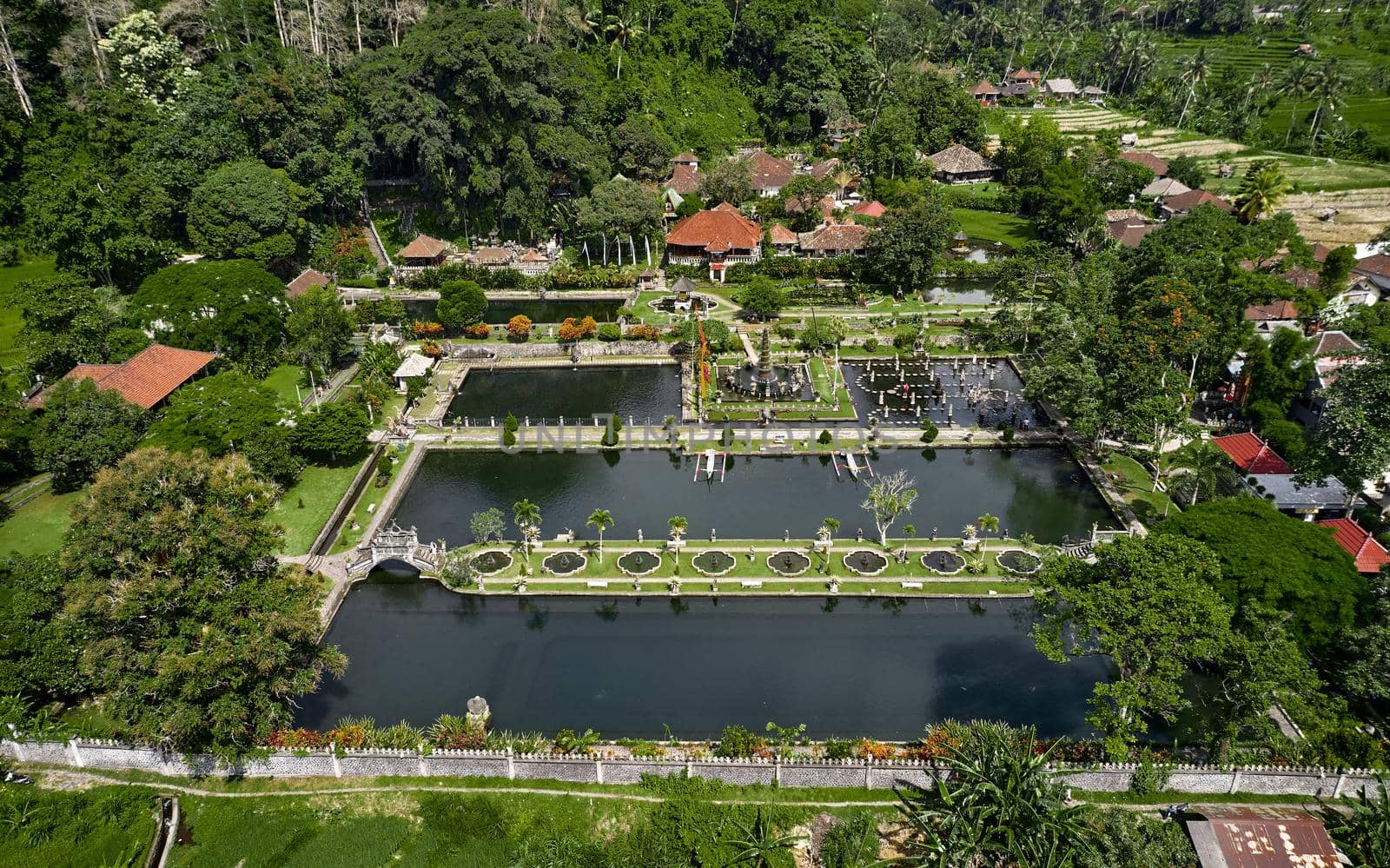 Beautiful aerial view of Tirta Gangga Royal Water Palace in East Bali, Karangasem, Indonesia.