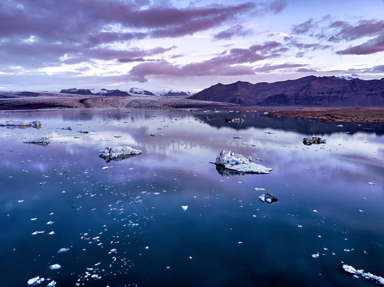 Aerial view of Glacier lagoon in Iceland during the sunrise