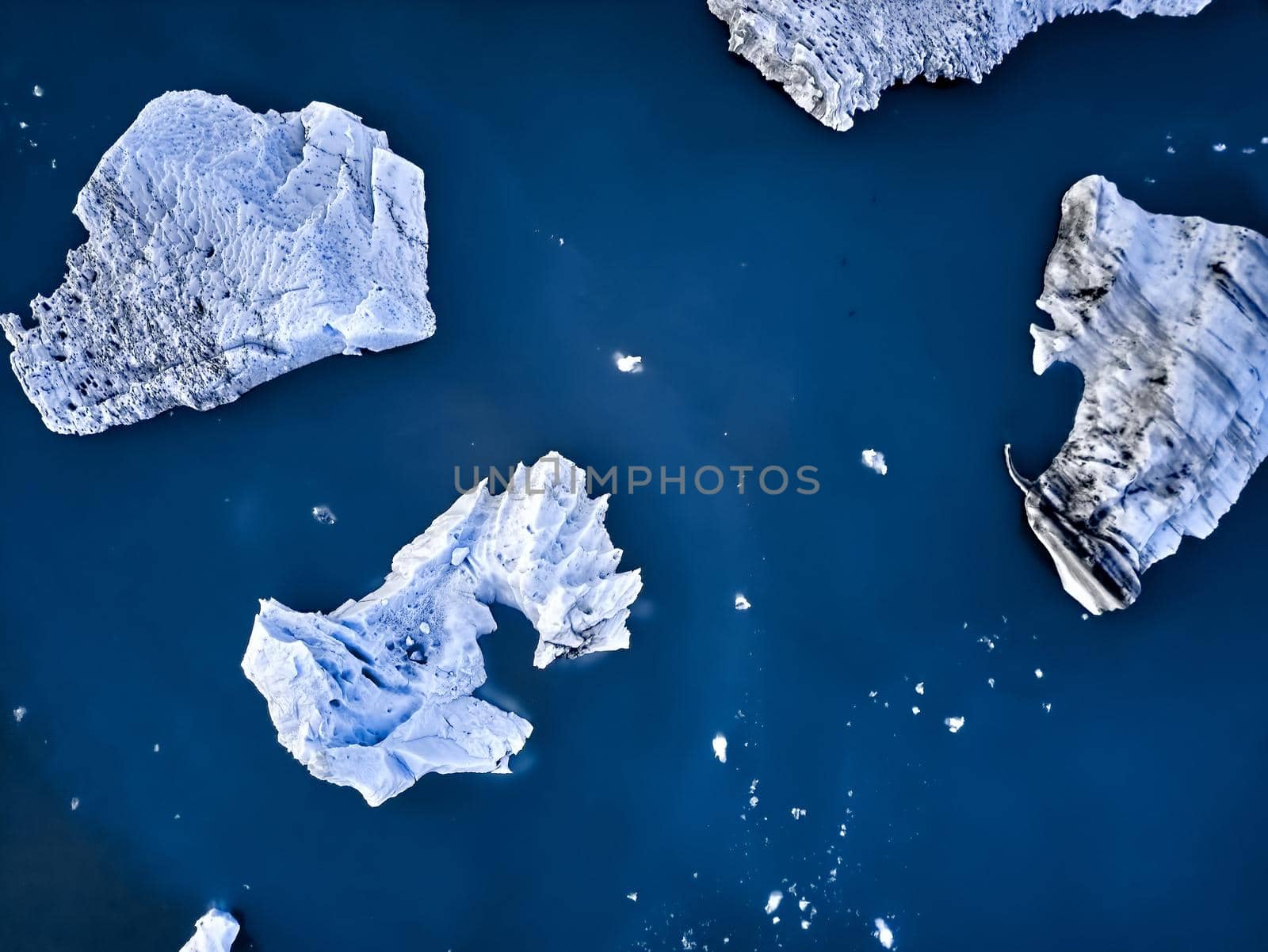 Aerial view of Glacier lagoon in Iceland. icebergs top view