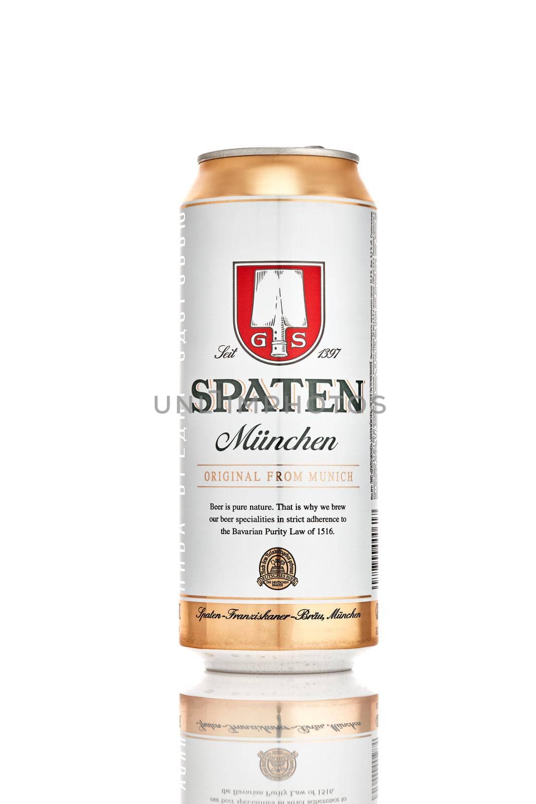 Can of beer Spaten isolated on white. The Spaten-Franziskaner-Brau GmbH is a brewery in Munich, Germany. 21.06.2019, Rostov-on-Don, Russia.
