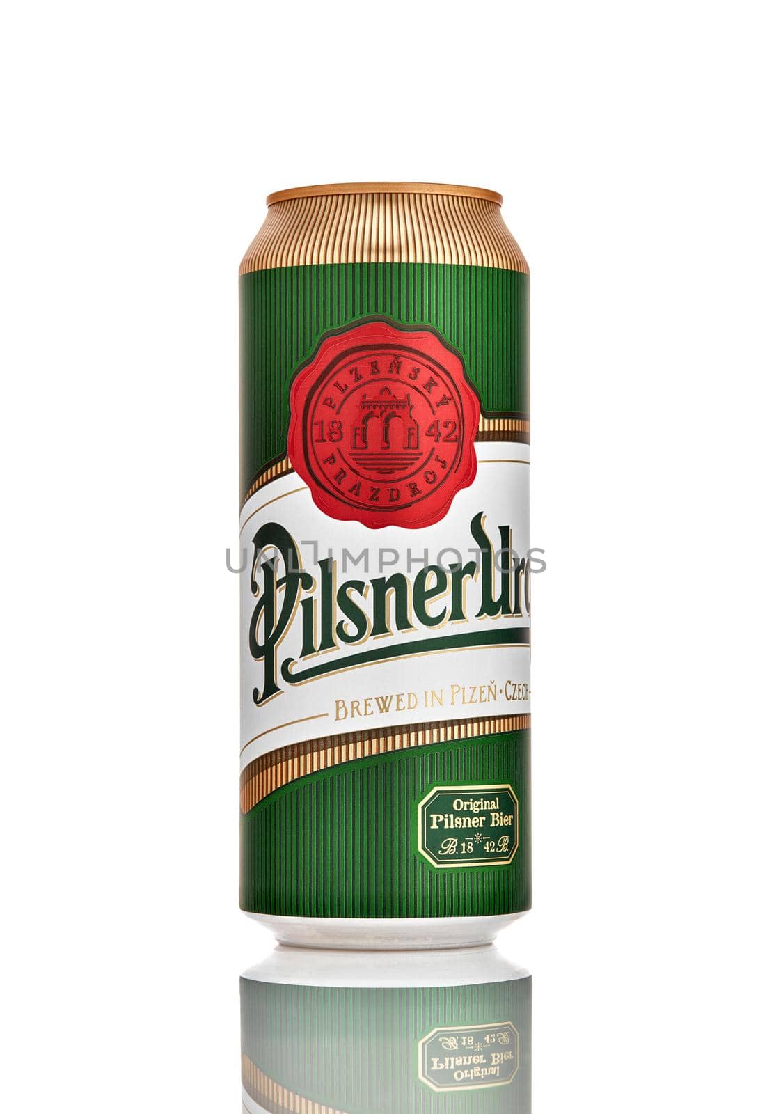 Can of Pilsner Urquell beer isolated on white. Produced since 1842 in Pilsen, Czech Republic. 21.06.2019, Rostov-on-Don, Russia. by EvgeniyQW