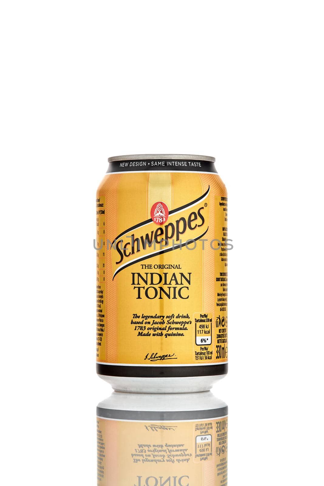 Schweppes Indian tonic in a can, isolated on white background with reflection. Popular soft drink. 21.06.2019, Rostov-on-Don, Russia.