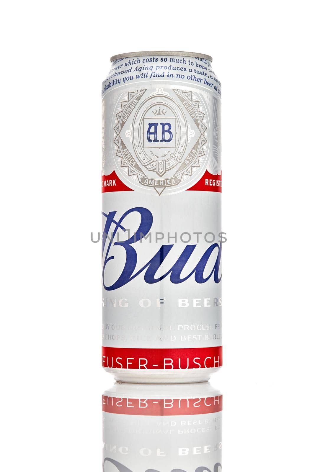 Beer Bud light, metal can, on a white background. Popular American Beer in a convenient package. King of beer. 21.06.2019, Rostov-on-Don, Russia.