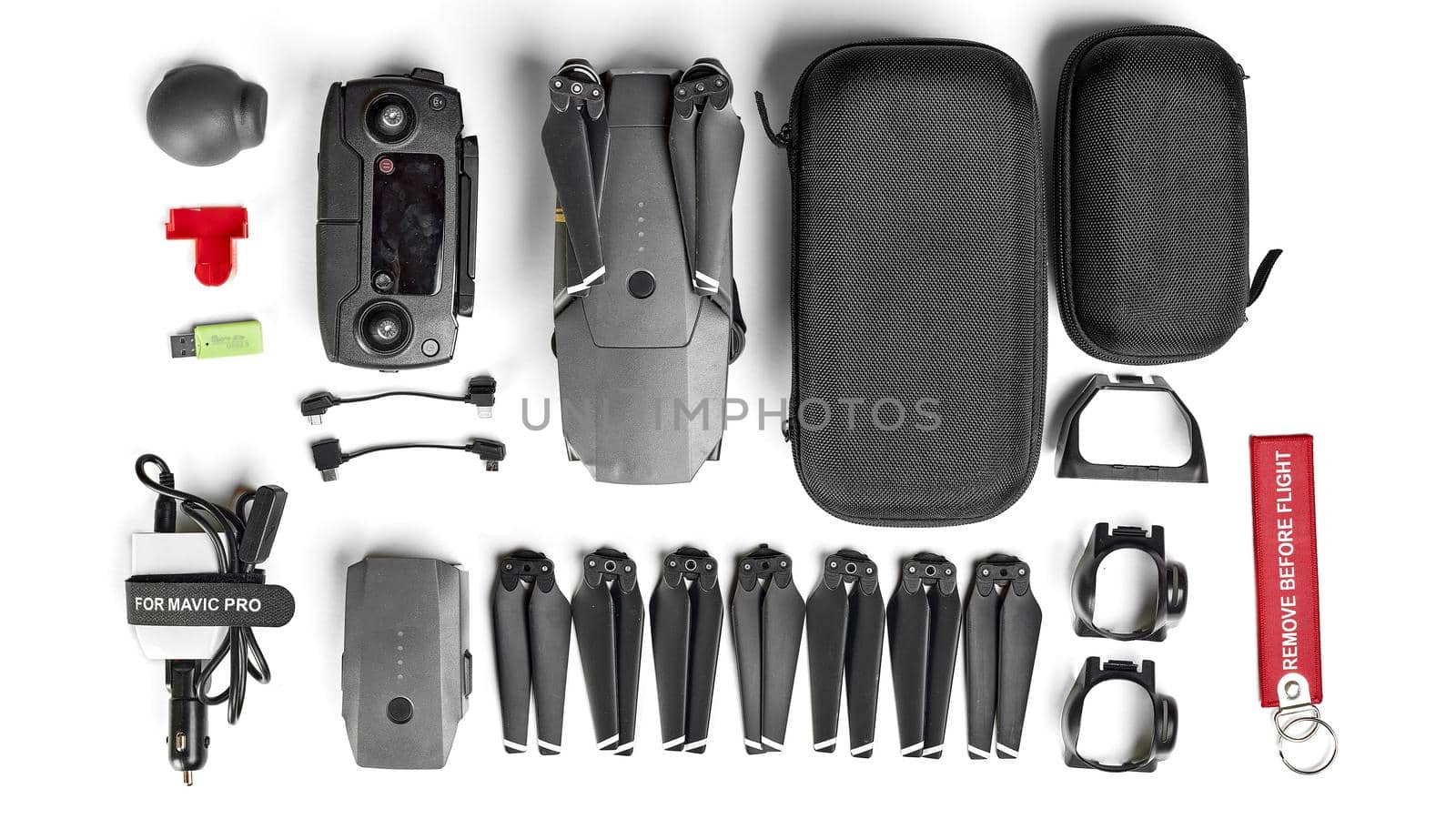 DJI Mavic PRO and accessory kit on white background. 02.12.2018 Rostov on Don, Russia