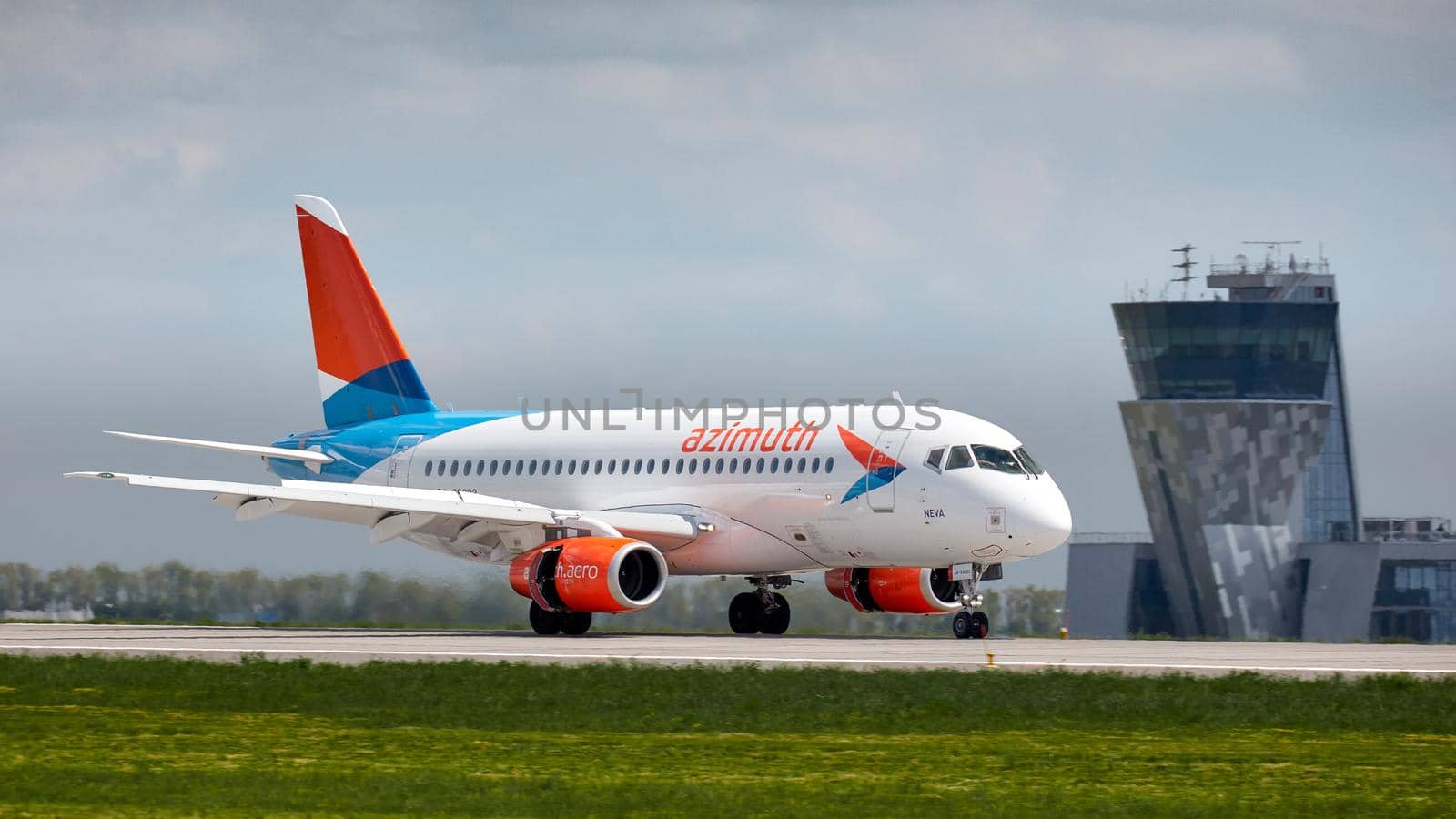 Aircraft Sukhoi Superjet 100 RA-89093 of Azimuth Airlines performs landing at the airport Platov. Spotting at the airport Platov. 24.05.2019 ROSTOV-ON-DON, RUSSIA.