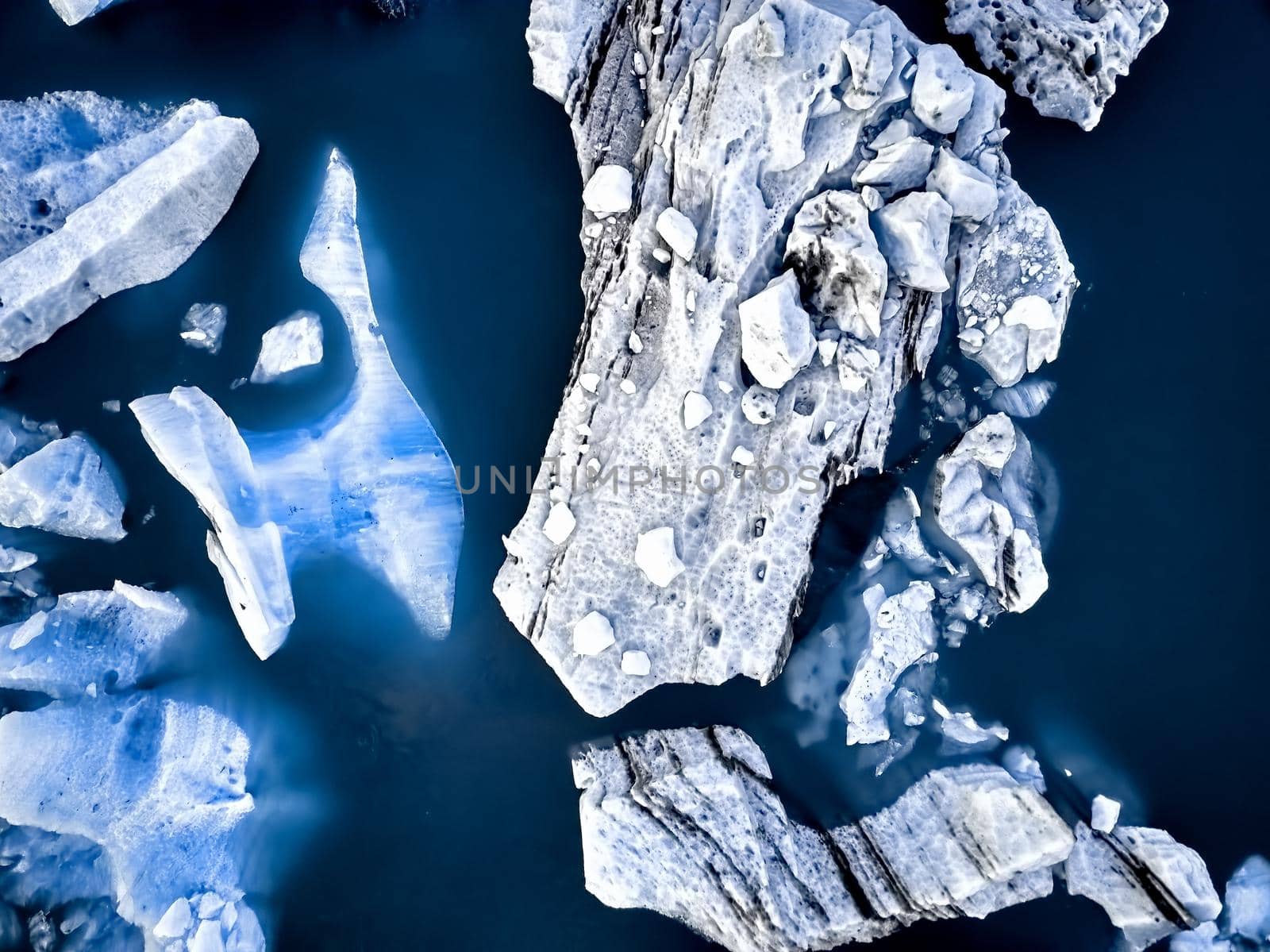 Aerial view of Glacier lagoon in Iceland during the sunrise