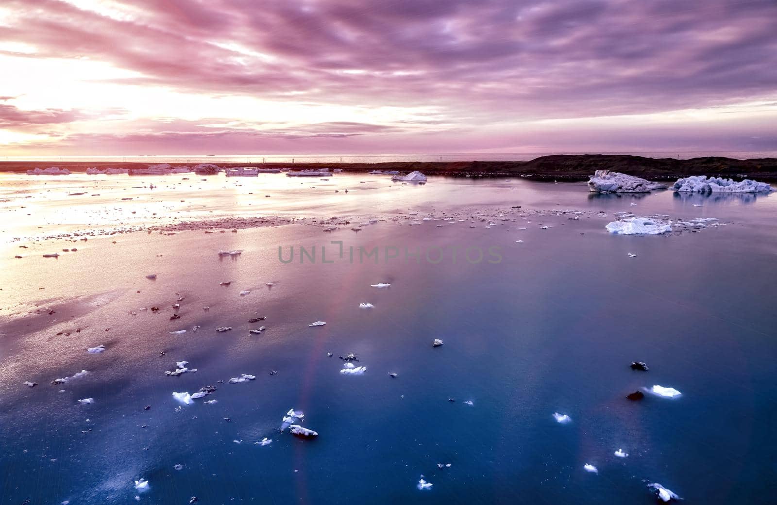 Aerial view of Glacier lagoon in Iceland during the sunrise