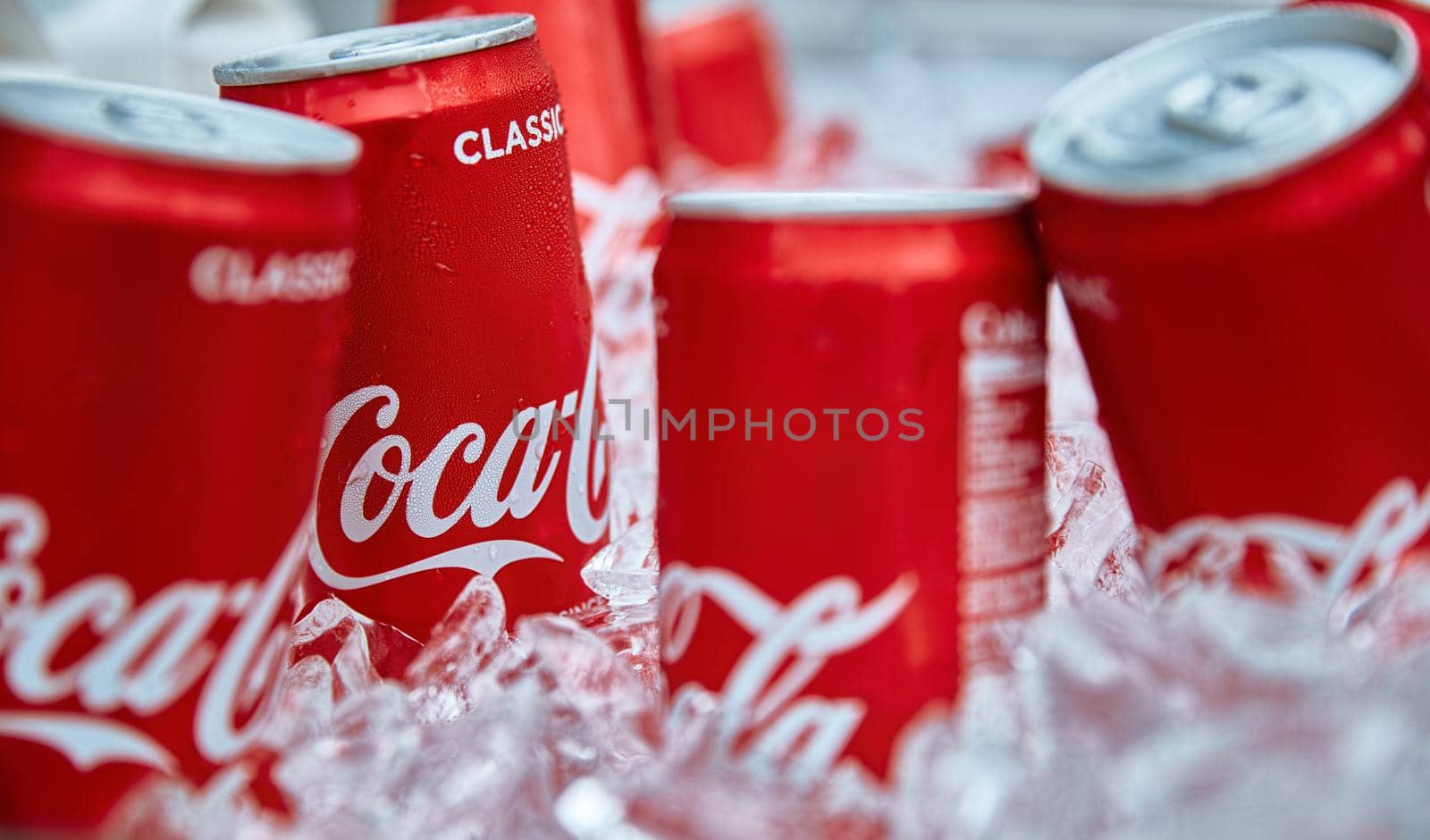 Coca-Cola cans in ice. Popular soft drink. 18.01.2019 Singapore