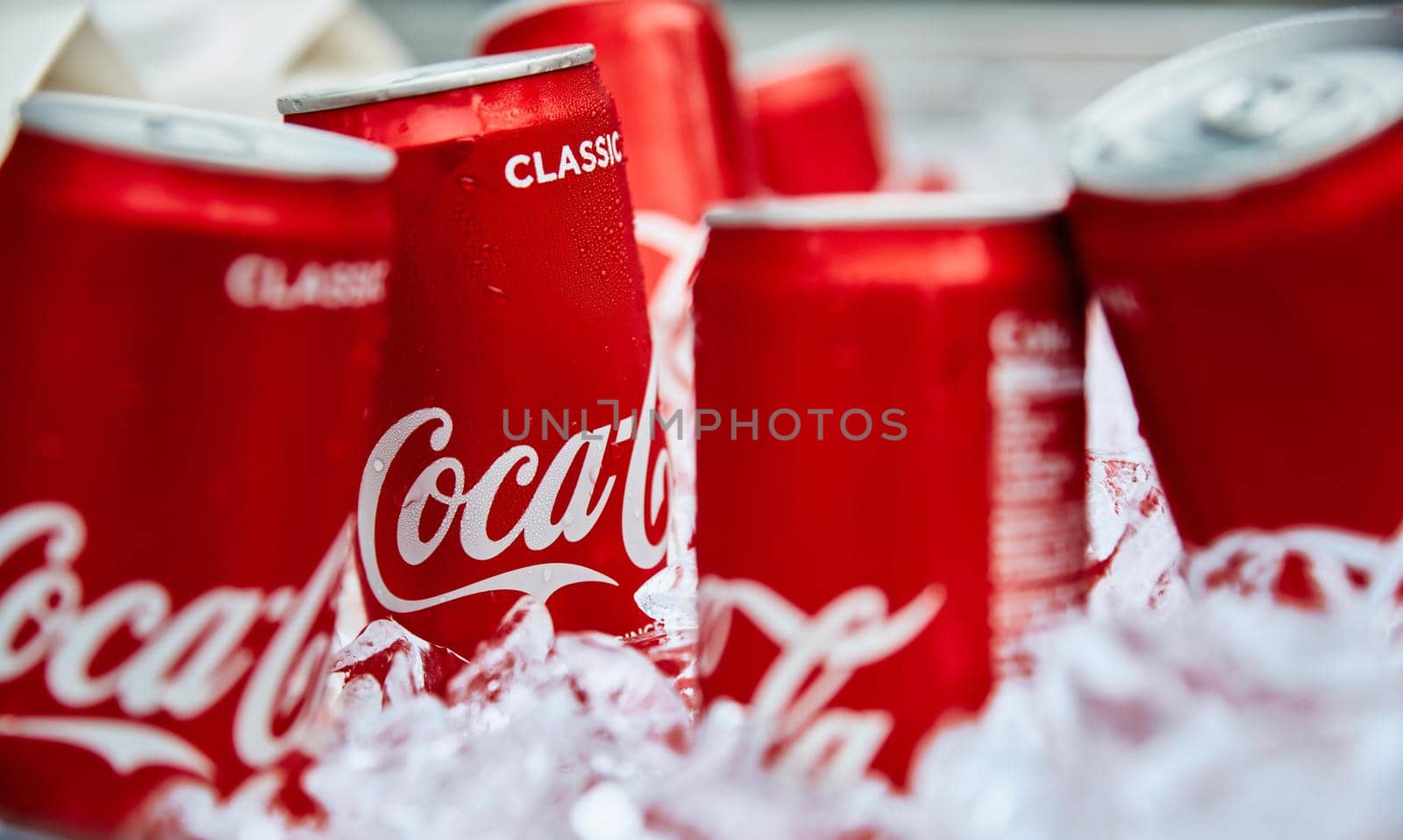 Coca-Cola cans in ice. Popular soft drink. 18.01.2019 Singapore