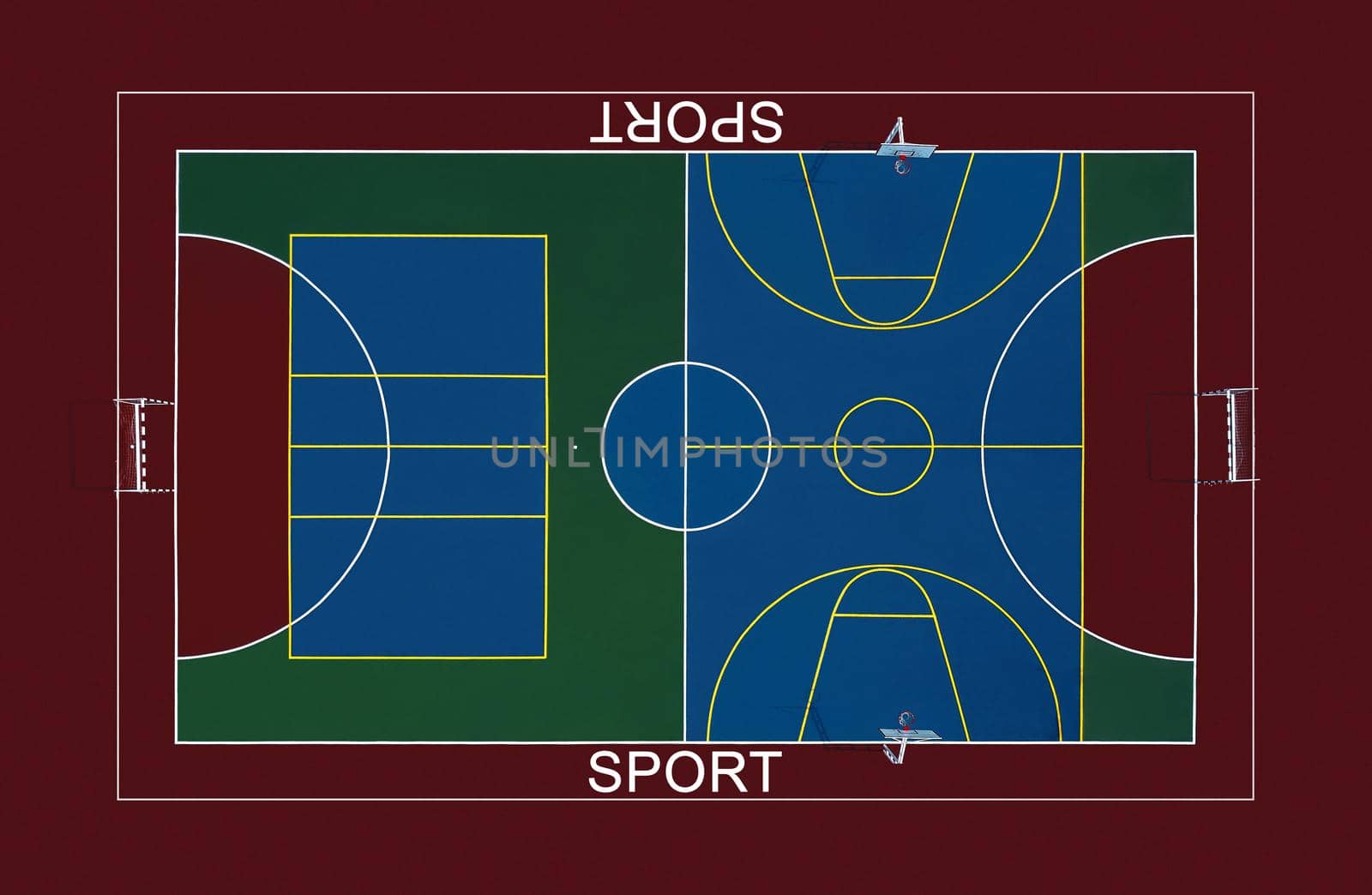 Universal sports ground, aerial view. Game sports volleyball, football, basketball, badminton, tennis on one site.