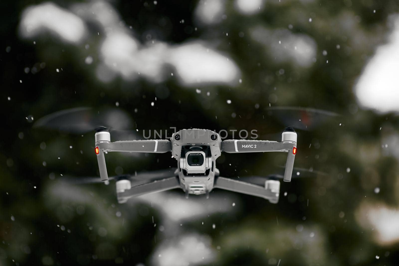 DJI Mavic 2 Pro, flying in wet snow conditions. DJI Mavic 2 Pro one of the most portable drones in the market, with Hasselblad camera. 07.12.2018 Rostov-on-Don, Russia