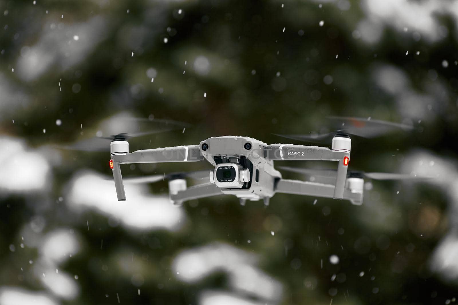 DJI Mavic 2 Pro, flying in wet snow conditions. DJI Mavic 2 Pro one of the most portable drones in the market, with Hasselblad camera. 07.12.2018 Rostov-on-Don, Russia