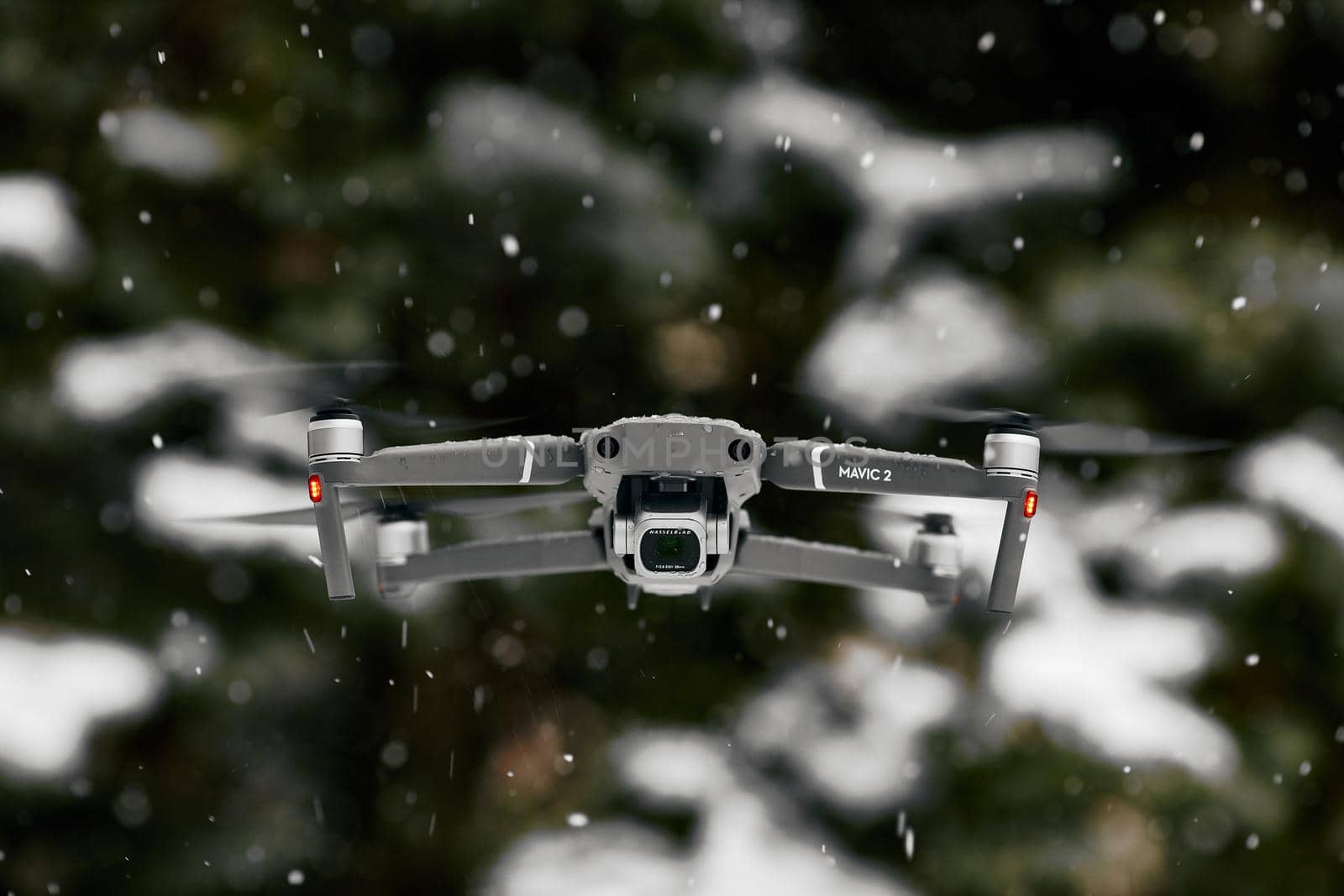 DJI Mavic 2 Pro, flying in wet snow conditions. DJI Mavic 2 Pro one of the most portable drones in the market, with Hasselblad camera. 07.12.2018 Rostov-on-Don, Russia by EvgeniyQW