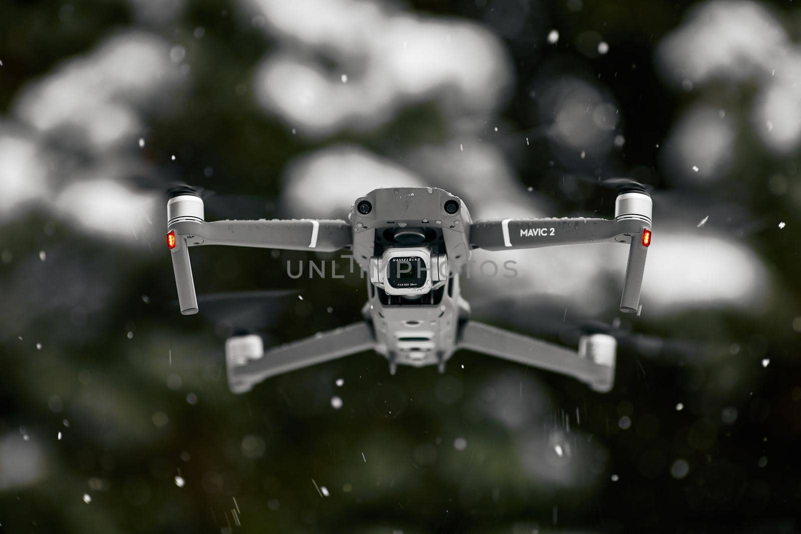 DJI Mavic 2 Pro, flying in wet snow conditions. DJI Mavic 2 Pro one of the most portable drones in the market, with Hasselblad camera. 07.12.2018 Rostov-on-Don, Russia