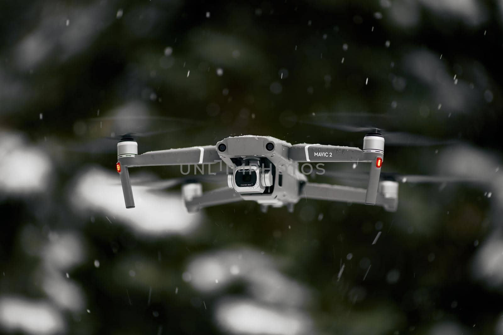 DJI Mavic 2 Pro, flying in wet snow conditions. DJI Mavic 2 Pro one of the most portable drones in the market, with Hasselblad camera. 07.12.2018 Rostov-on-Don, Russia by EvgeniyQW