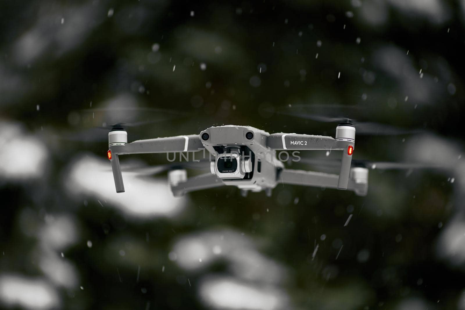 DJI Mavic 2 Pro, flying in wet snow conditions. DJI Mavic 2 Pro one of the most portable drones in the market, with Hasselblad camera. 07.12.2018 Rostov-on-Don, Russia