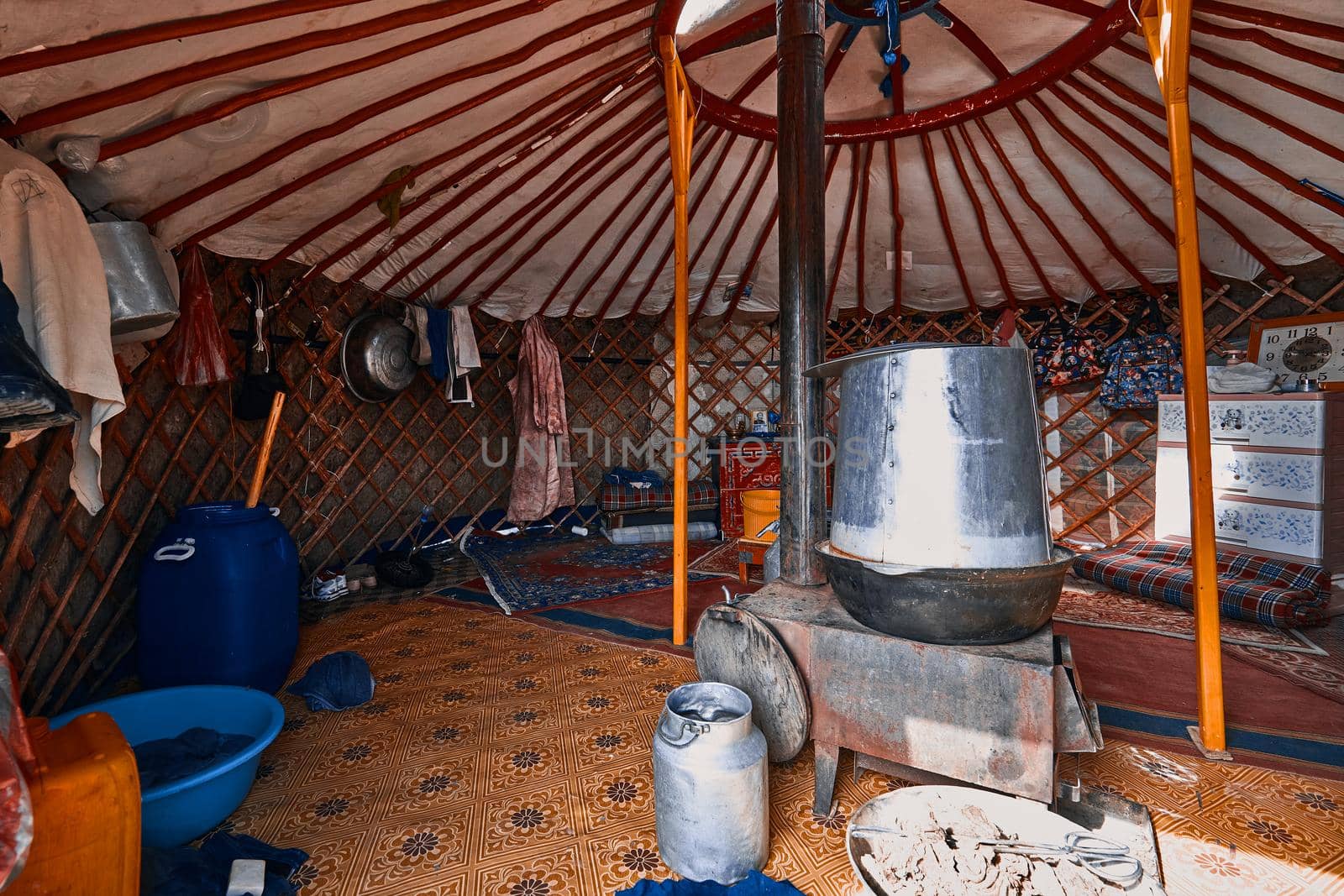 Life of the Mongolian Yurt. Interior of the nomad's house. Mongol family at home. 06.09.2019. Gobi Desert, Mongolia.