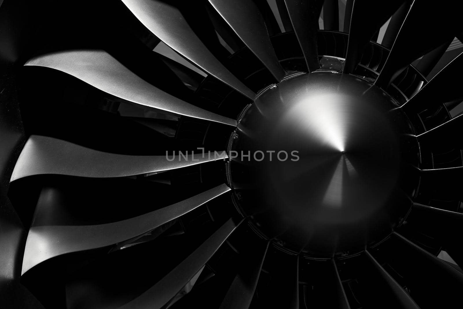 Modern turbofan engine. close up of turbojet of aircraft on black background. blades of the turbofan engine of the aircraft by EvgeniyQW
