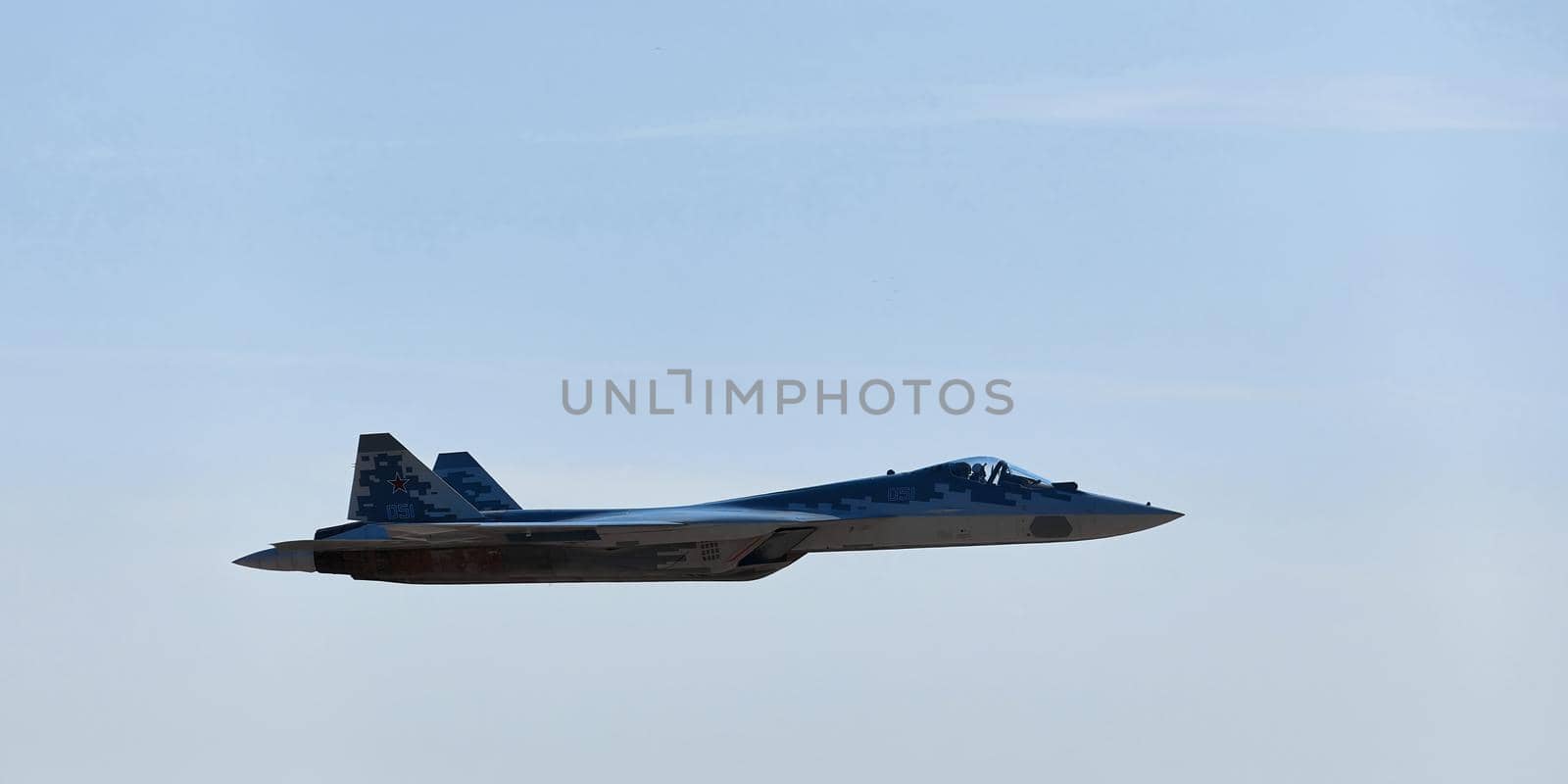 New Russian five generation fighter SU 57 (T-50) shows aerial maneuver battle at Moscow International Aviation and Space Salon MAKS 2019. RUSSIA, AUGUST 28, 2019.