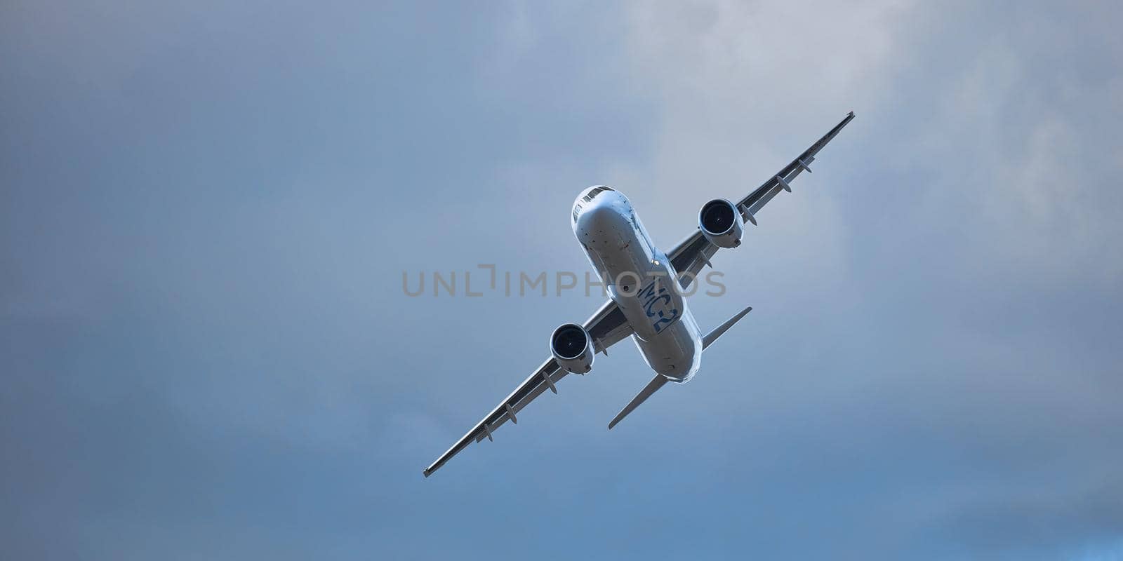 New Russian passenger aircraft MS-21-300 flying prototype of a new Russian civil airliner during test flights on MAKS 2019 airshow. ZHUKOVSKY, RUSSIA, AUGUST 27, 2019.