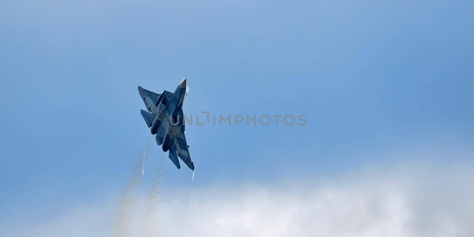 New Russian five generation fighter SU 57 (T-50) shows aerial maneuver battle at Moscow International Aviation and Space Salon MAKS 2019. RUSSIA, AUGUST 28, 2019.