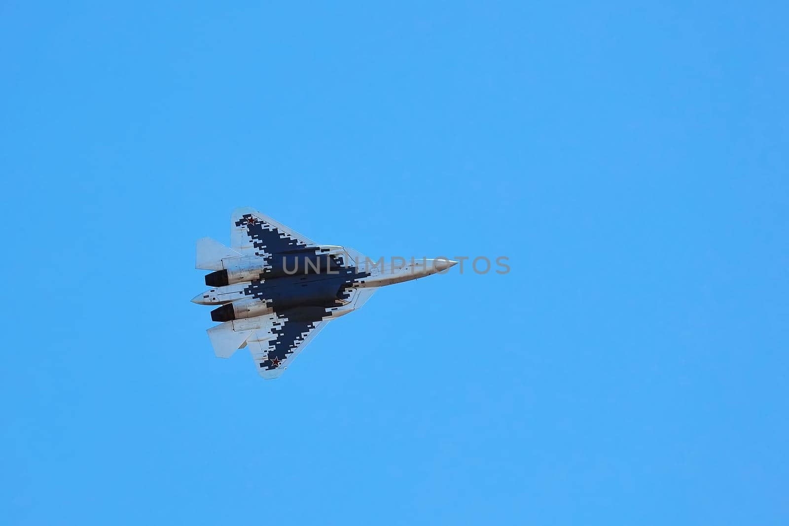 New Russian five generation fighter SU 57, T-50 shows aerial maneuver battle at Moscow International Aviation and Space Salon MAKS 2019. RUSSIA, AUGUST 28, 2019 by EvgeniyQW