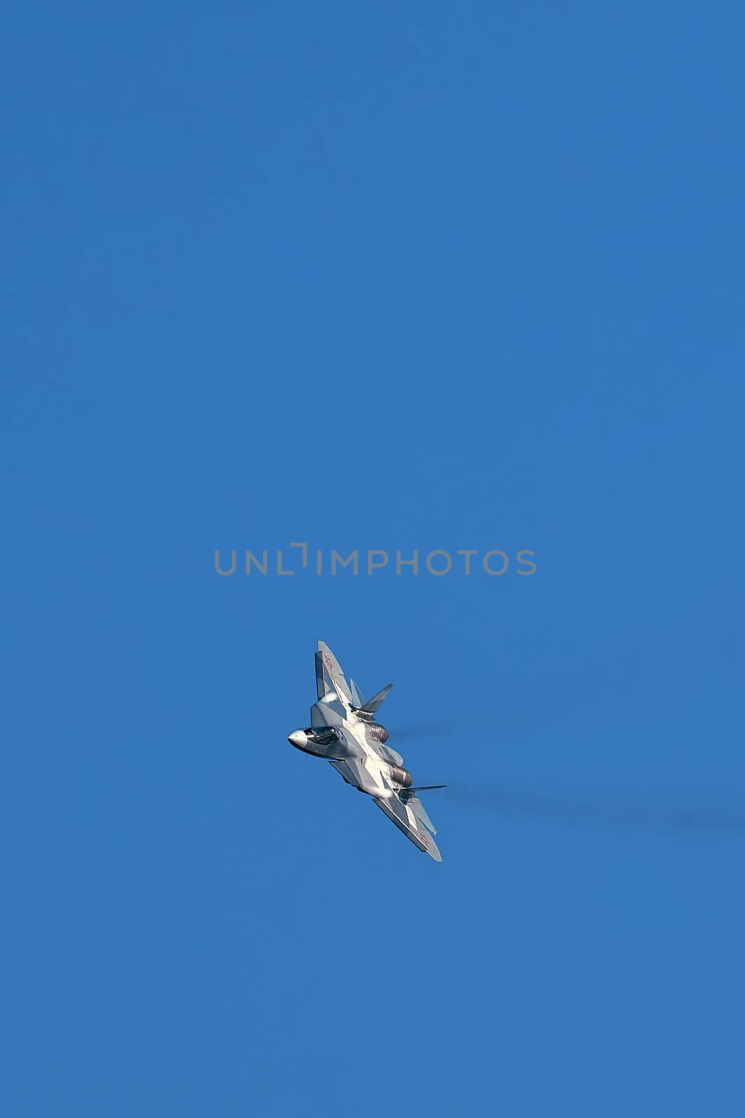 New Russian five generation fighter SU 57 (T-50) shows aerial maneuver battle at Moscow International Aviation and Space Salon MAKS 2019. RUSSIA, AUGUST 28, 2019.
