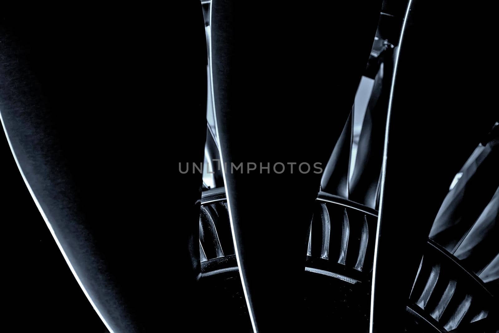 Modern turbofan engine. close up of turbojet of aircraft on black background. blades of the turbofan engine of the aircraft.